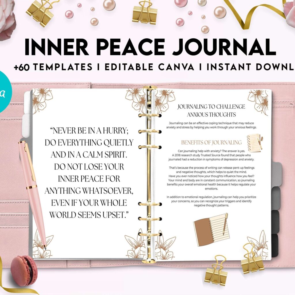 Inner Peace Journal, Calming journal, Happiness journal, Spiritual journal, Canva Editable Templates