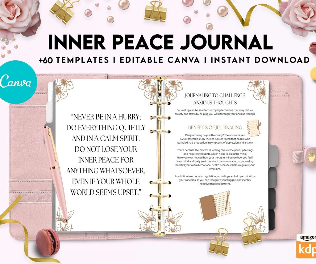 Inner Peace Journal, Calming journal, Happiness journal, Spiritual journal, Canva Editable Templates