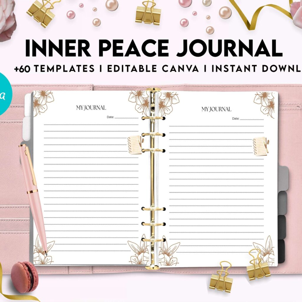 Inner Peace Journal, Calming journal, Happiness journal, Spiritual journal, Canva Editable Templates