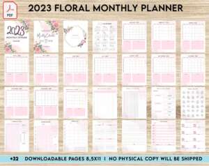 2023 Monthly Planner 2023 Floral Monthly Planner, Dated 2023 planner Calendar Printable Digital Download PDF file 8,5×11 inch