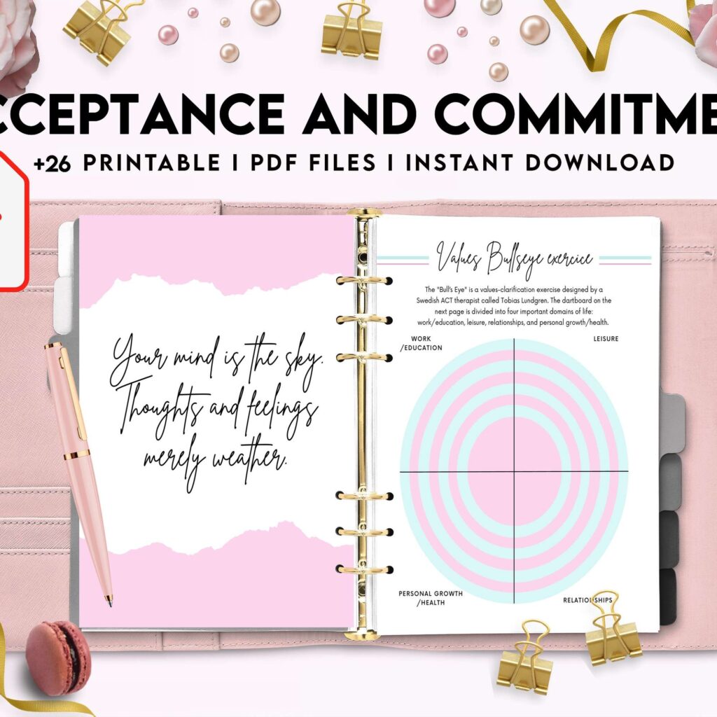 Acceptance and Commitment, therapy journal , self discovery, self esteem, Digital Download PDF file 8,5×11 inch