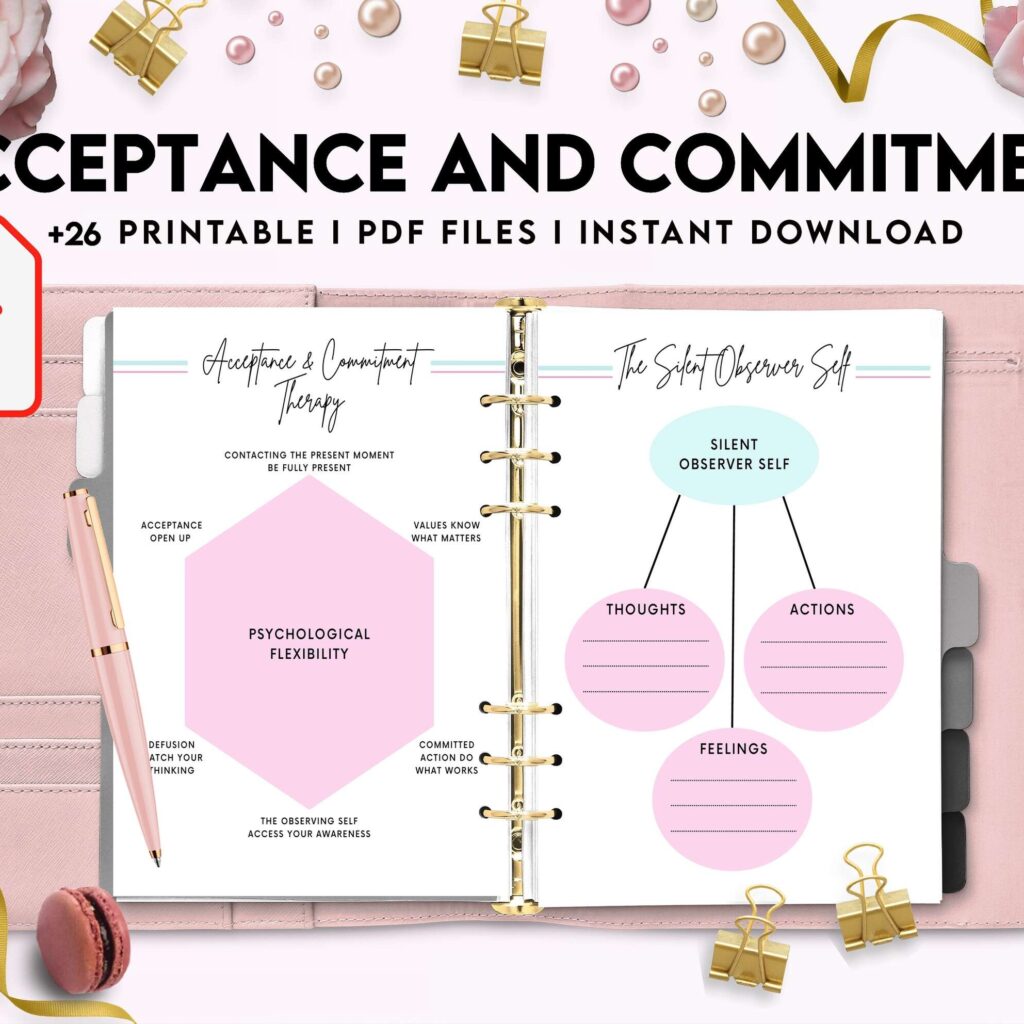 Acceptance and Commitment, therapy journal , self discovery, self esteem, Digital Download PDF file 8,5×11 inch