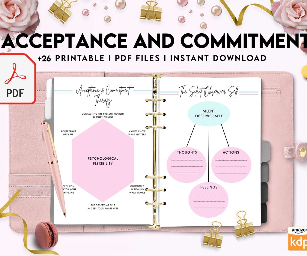 Acceptance and Commitment, therapy journal , self discovery, self esteem, Digital Download PDF file 8,5×11 inch