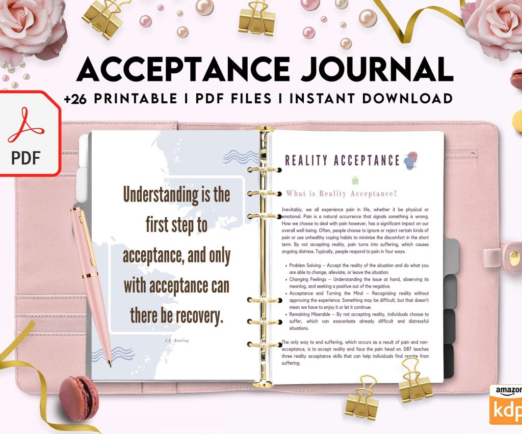 Acceptance Journal, therapy journal, Self care journal, self care planner, mindfulness, self love journal,wellness journal Digital Download PDF file 8,5×11 inch