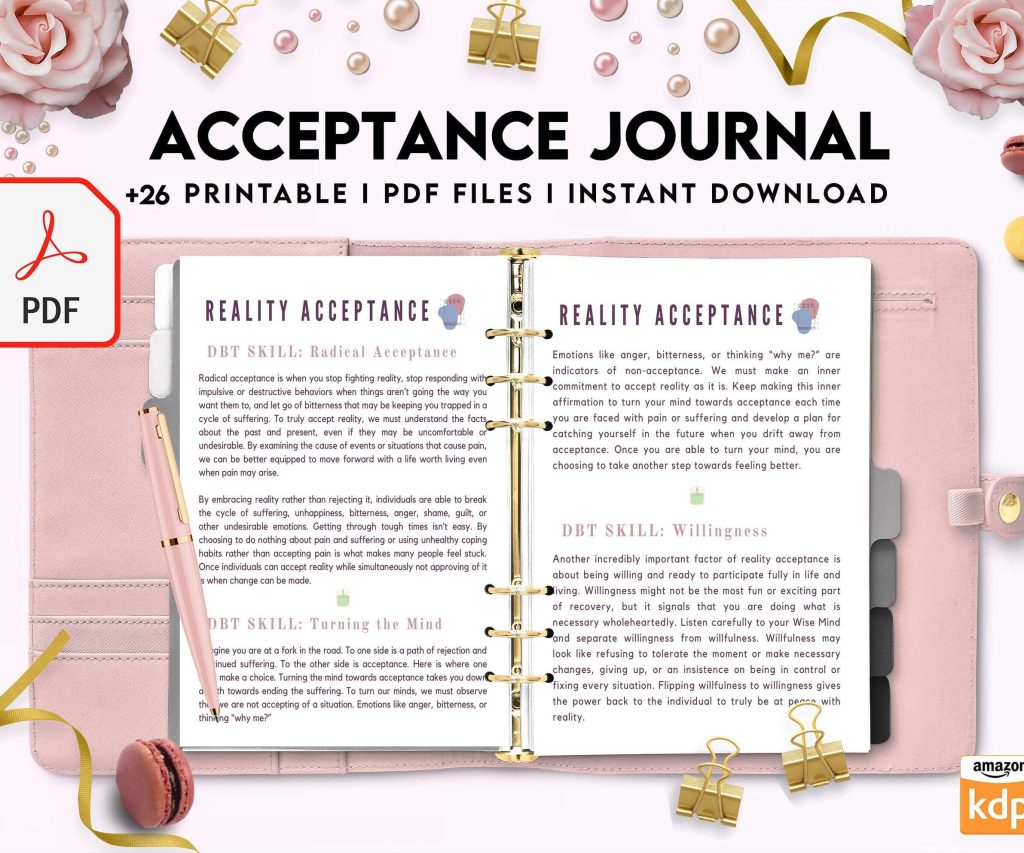 Acceptance Journal, therapy journal, Self care journal, self care planner, mindfulness, self love journal,wellness journal Digital Download PDF file 8,5×11 inch