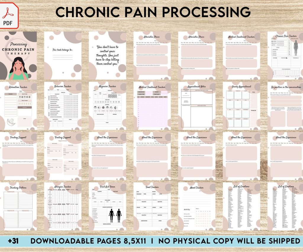 Chronic Pain Processing, chronic fatigue, chronic illnes, Pain tracker, PDF file 8,5×11 inch