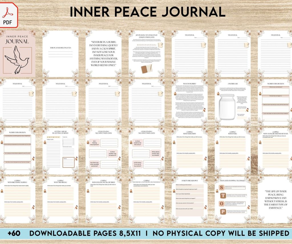 Inner Peace Journal, Calming journal, Happiness journal, Spiritual journal, PDF file 8,5×11 inch