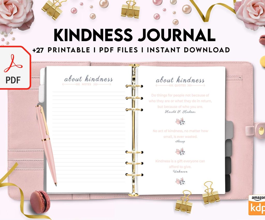 Kindness Journal, act of kindness, therapy journal , self discovery, self esteem, Digital Download PDF file 8,5×11 inch