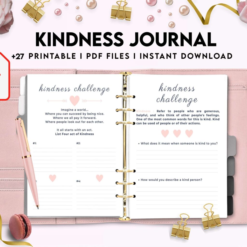 Kindness Journal, act of kindness, therapy journal , self discovery, self esteem, Digital Download PDF file 8,5×11 inch