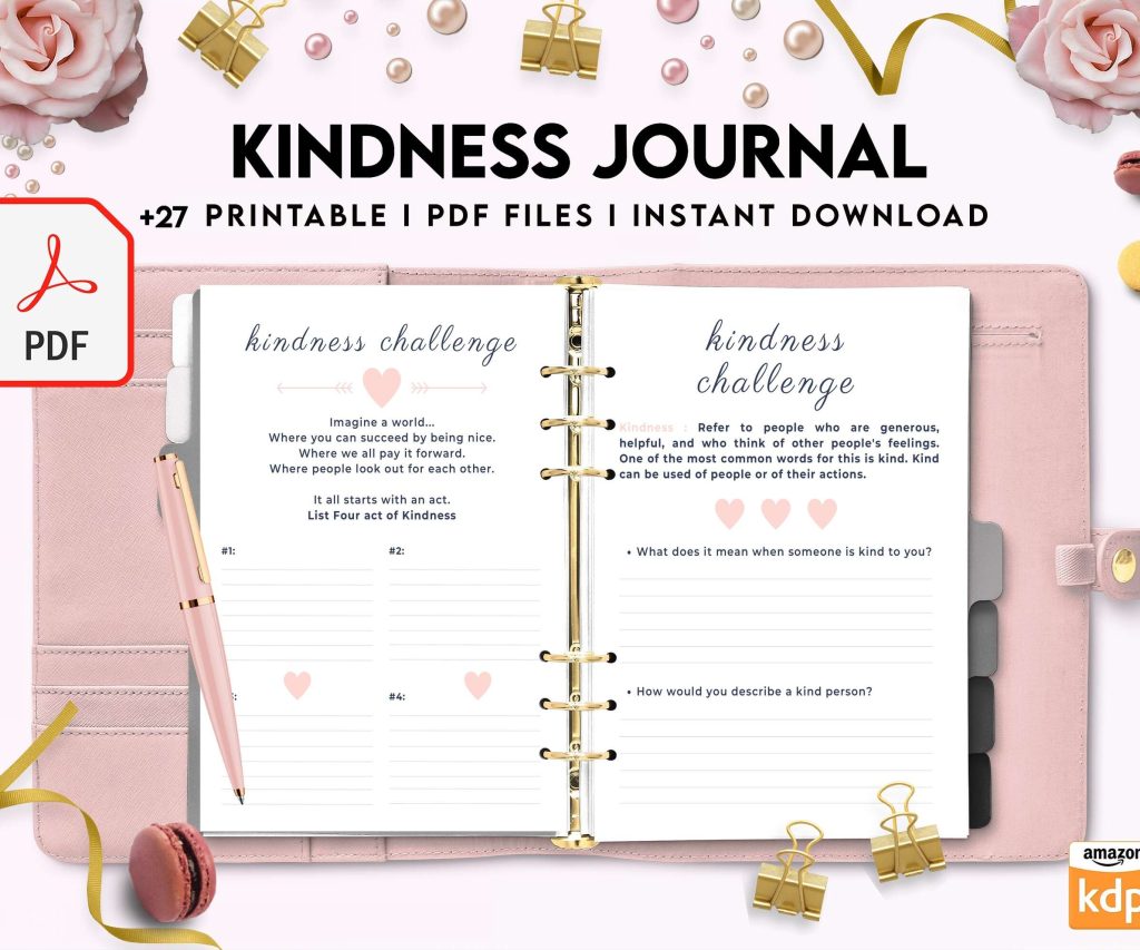 Kindness Journal, act of kindness, therapy journal , self discovery, self esteem, Digital Download PDF file 8,5×11 inch