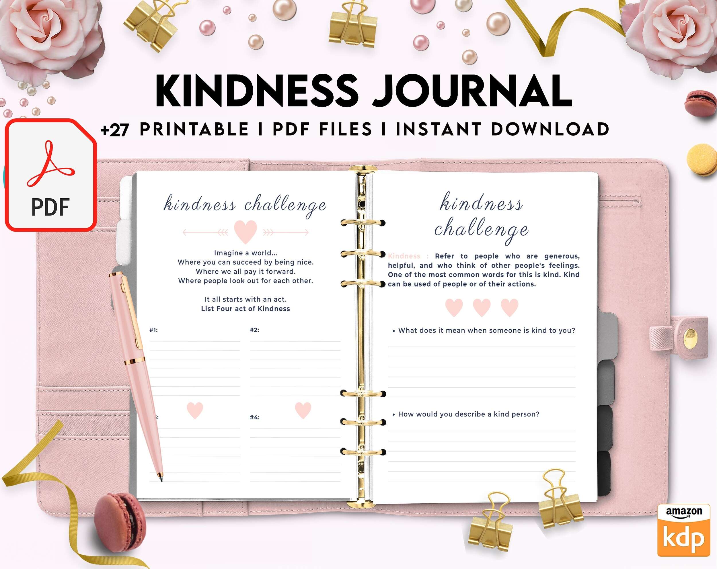 Kindness Journal, act of kindness, therapy journal , self discovery, self esteem, Digital Download PDF file 8,5×11 inch