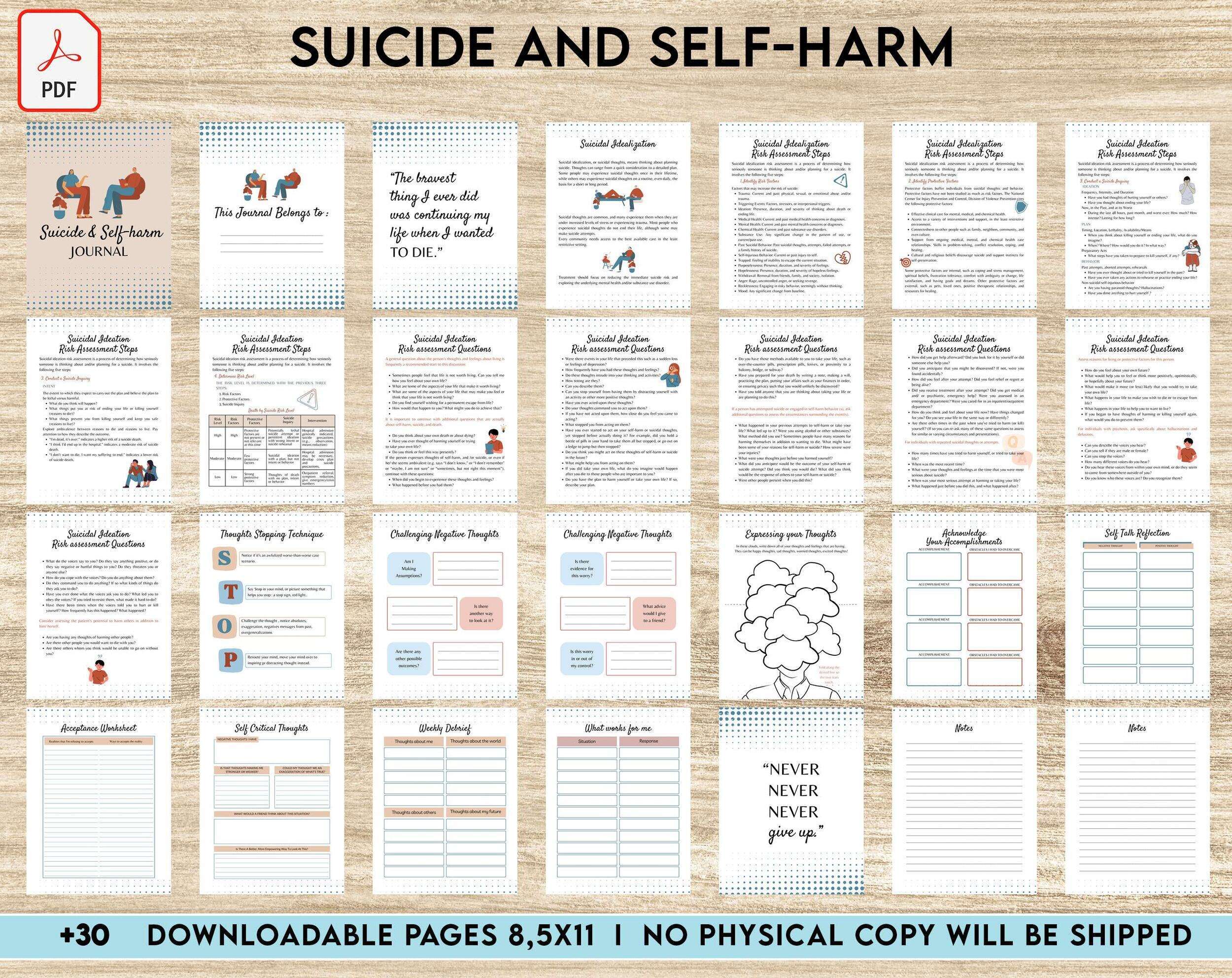 Suicide and self-harm journal, suicide awareness,suicide prevention, PDF file 8,5×11 inch
