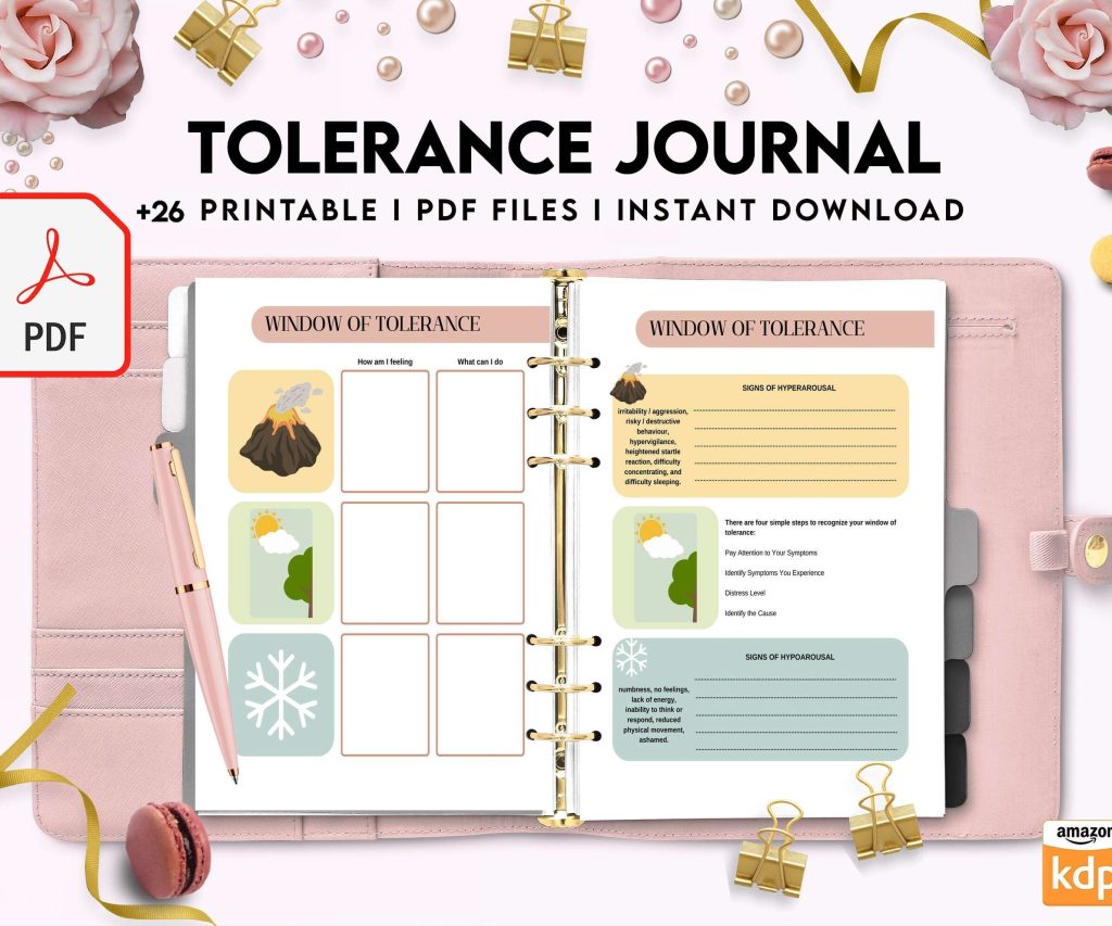 Tolerance Journal, window of tolerance, therapy journal , self discovery, self esteem, Digital Download PDF file 8,5×11 inch