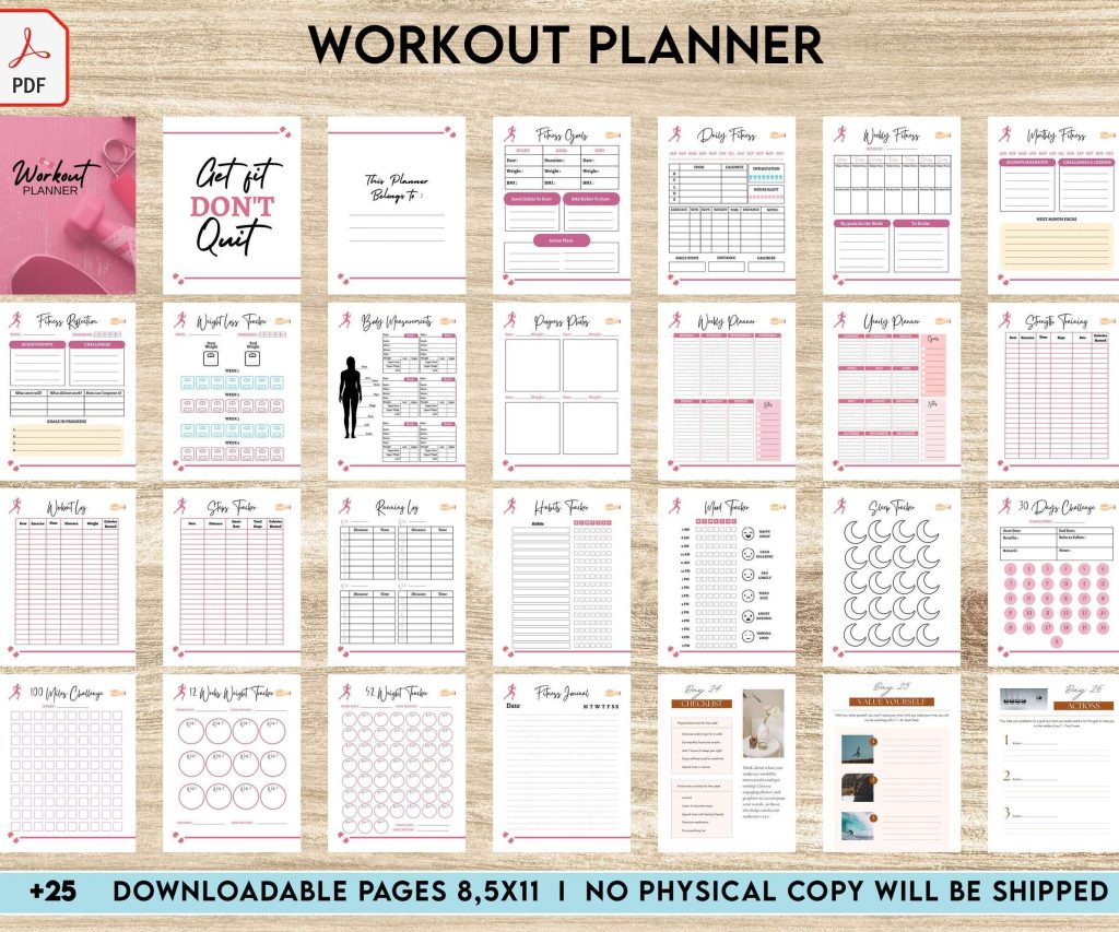 Workout Planner, exercise tracker , Fitness Journal, workout journal, Digital Download PDF file 8,5×11 inch