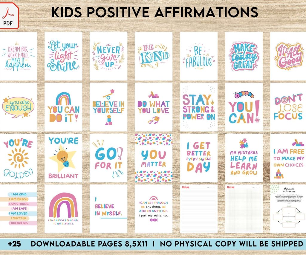 Kids Positive Affirmations, Kids self confidence, kids motivation, kids Encouragement Digital Download PDF file 8,5×11 inch