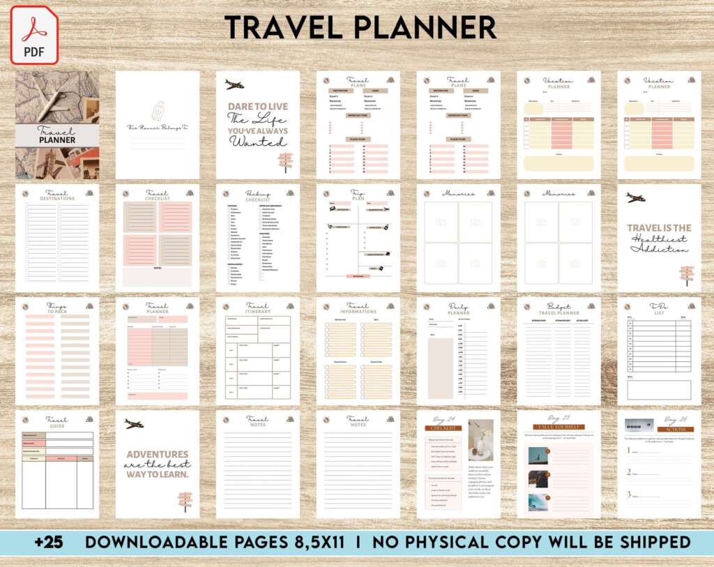 Travel Planner, travel checklist , trip organizer, vacation planner, travel itinerary Digital Download PDF file 8,5×11 inch