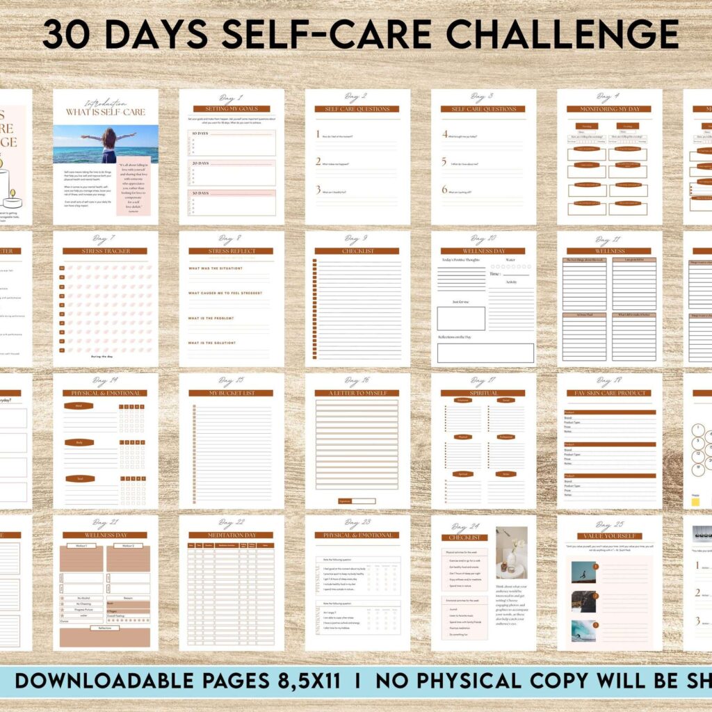 30 Day Self-care Challenge, Self care journal, self care planner, mindfulness, self love journal,wellness journal Canva Editable Templates