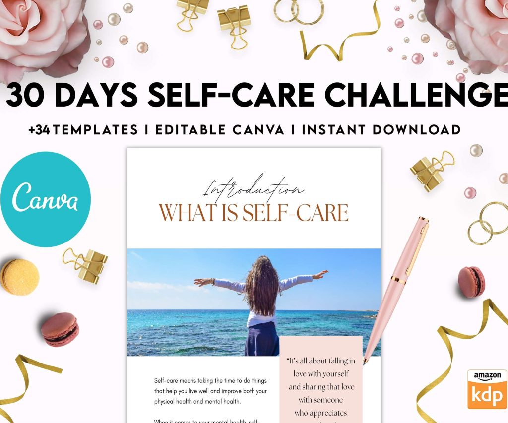30 Day Self-care Challenge, Self care journal, self care planner, mindfulness, self love journal,wellness journal Canva Editable Templates