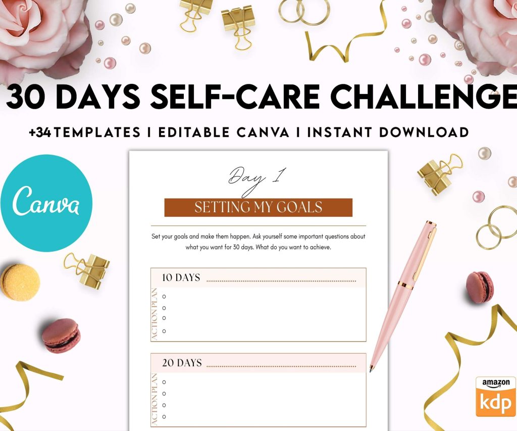30 Day Self-care Challenge, Self care journal, self care planner, mindfulness, self love journal,wellness journal Canva Editable Templates