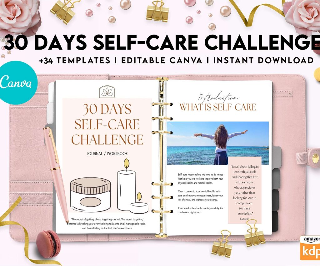 30 Day Self-care Challenge, Self care journal, self care planner, mindfulness, self love journal,wellness journal Canva Editable Templates