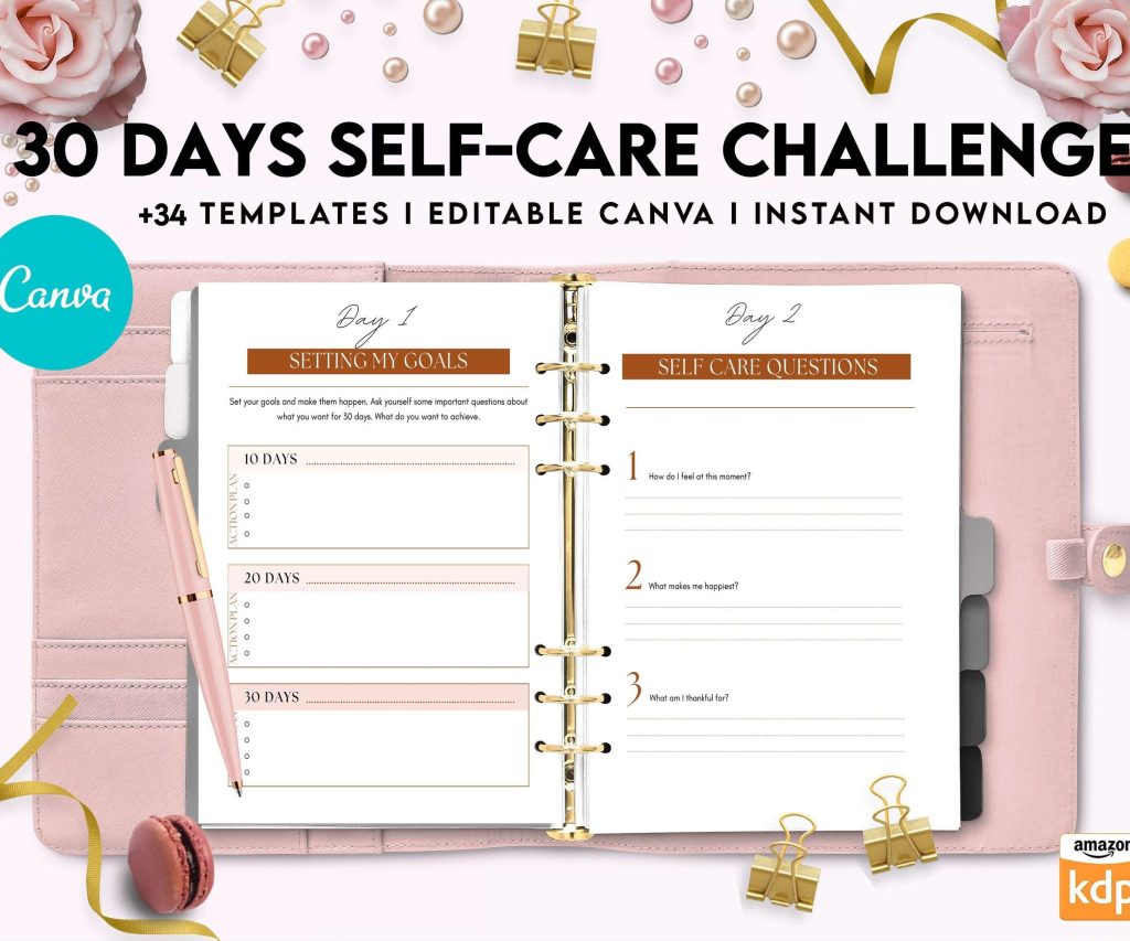 30 Day Self-care Challenge, Self care journal, self care planner, mindfulness, self love journal,wellness journal Canva Editable Templates
