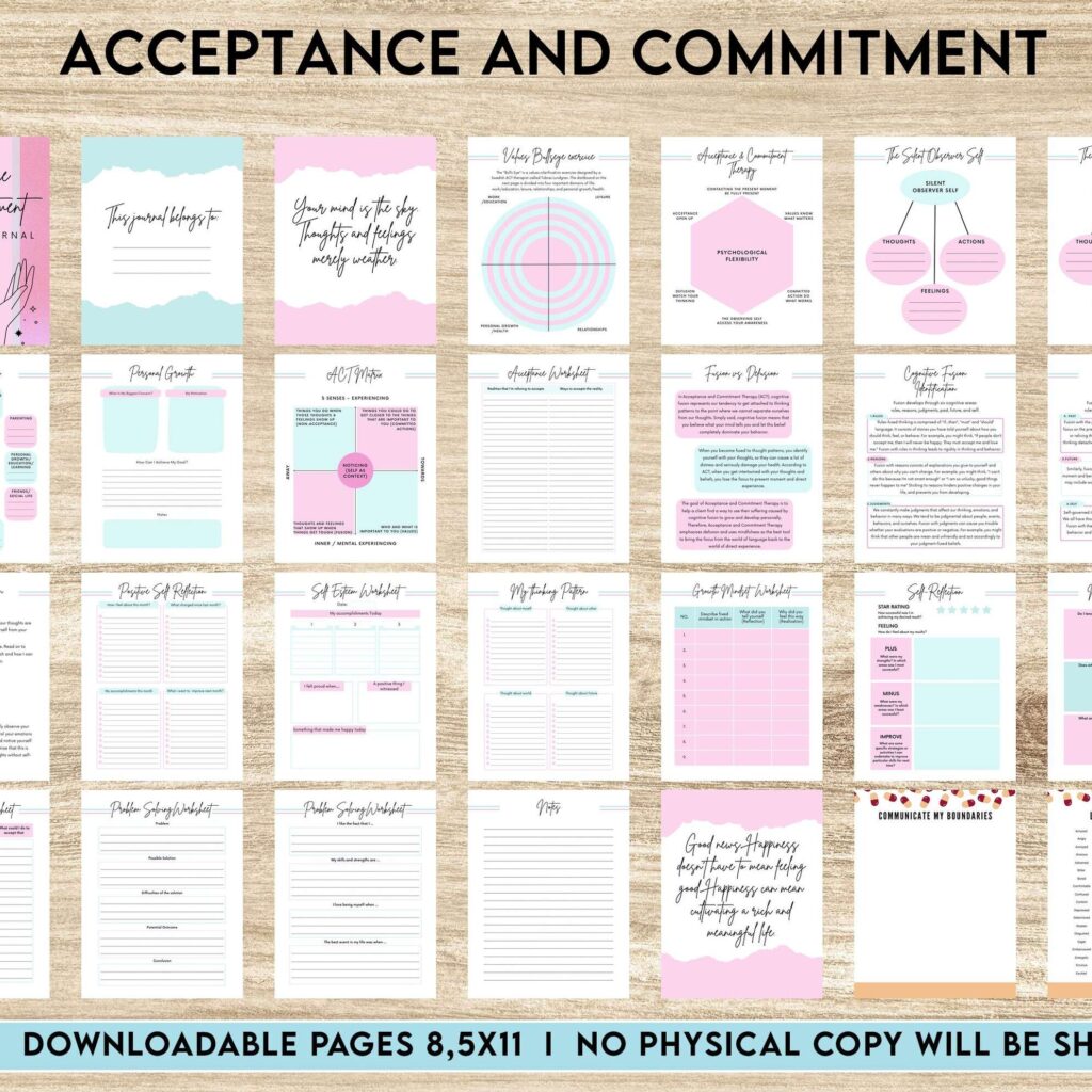 Acceptance and Commitment, therapy journal , self discovery, self esteem, Canva Editable Templates