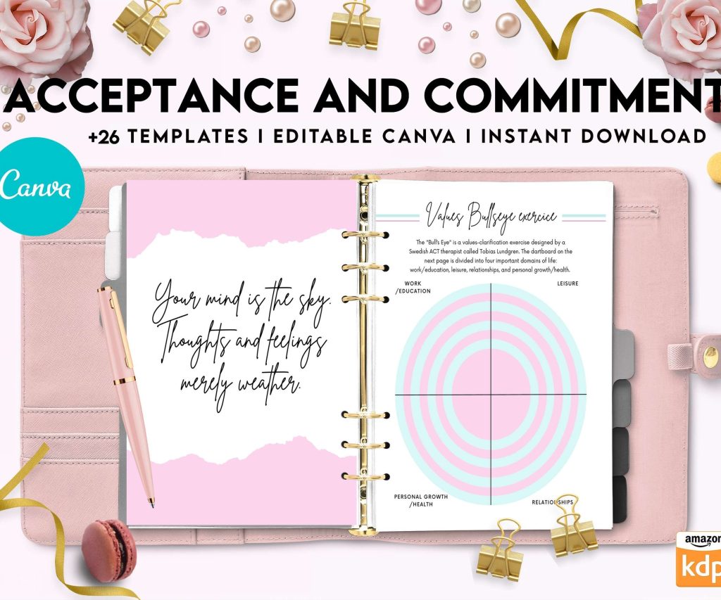 Acceptance and Commitment, therapy journal , self discovery, self esteem, Canva Editable Templates