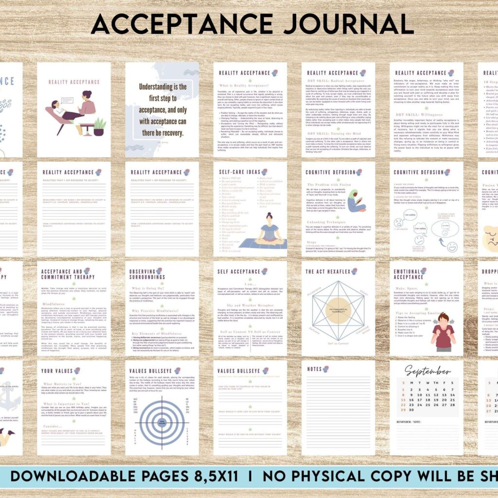 Acceptance Journal, therapy journal, Self care journal, self care planner, mindfulness, self love journal,wellness journal Canva Editable Templates