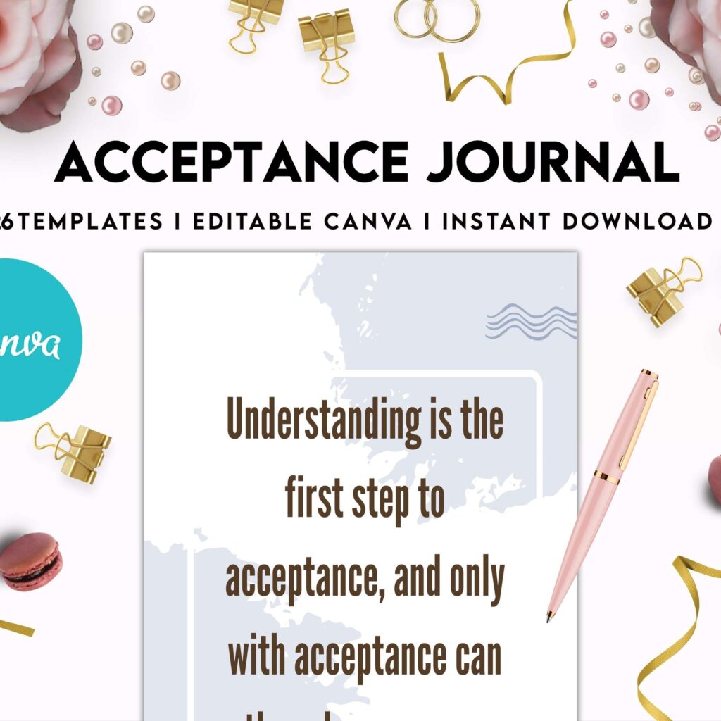 Acceptance Journal, therapy journal, Self care journal, self care planner, mindfulness, self love journal,wellness journal Canva Editable Templates