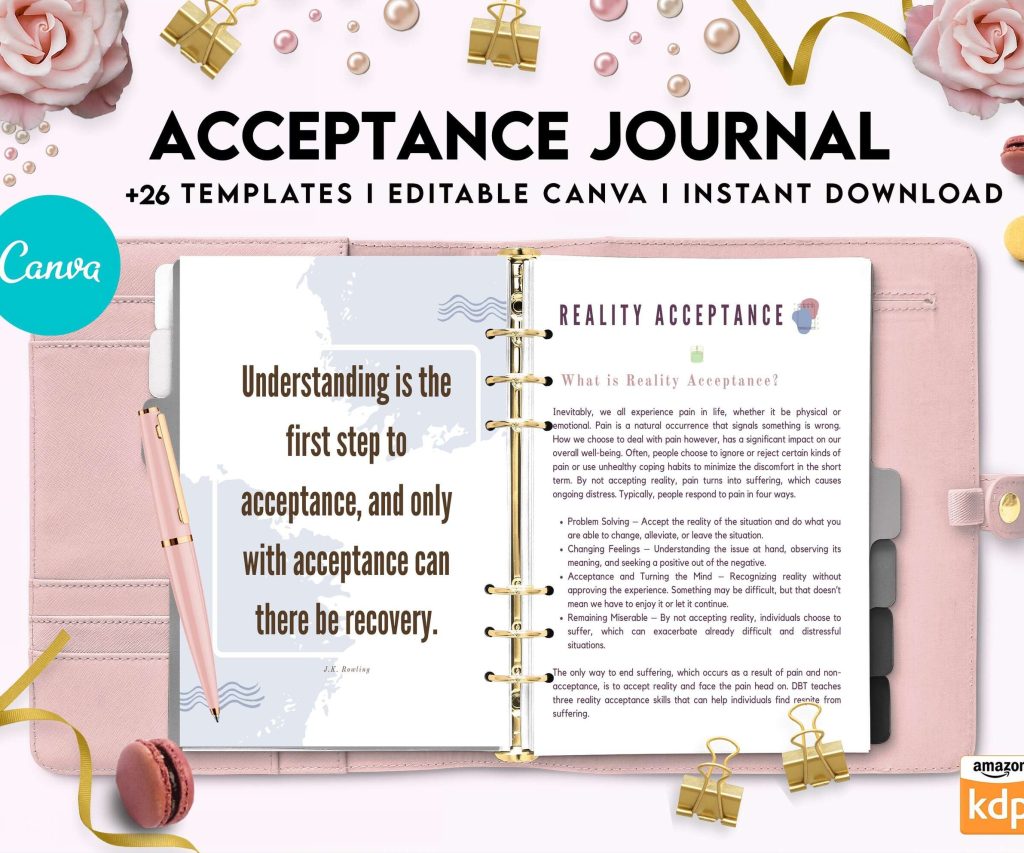 Acceptance Journal, therapy journal, Self care journal, self care planner, mindfulness, self love journal,wellness journal Canva Editable Templates
