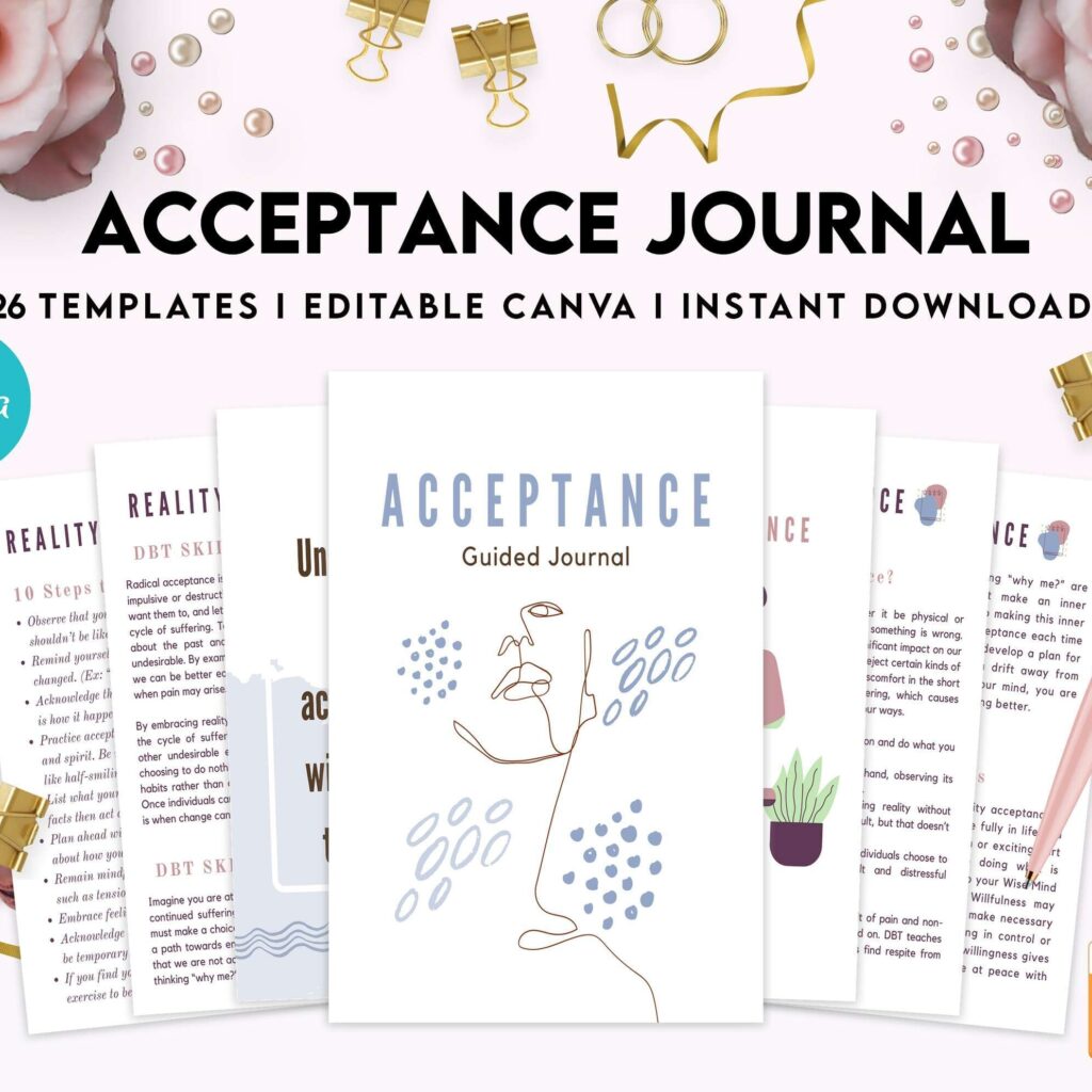 Acceptance and Commitment Therapy PDF Acceptance Journal, therapy journal, Self care journal, self care planner, mindfulness, self love journal,wellness journal Canva Editable Templates