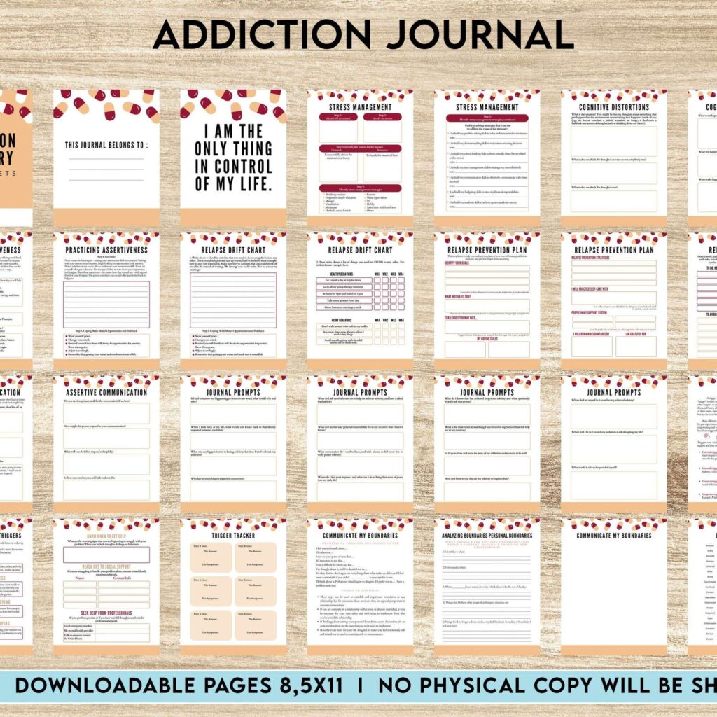 Addiction Journal, Addiction recovery therapy journal, Self care journal, self care planner, mindfulness, self love journal,wellness journal Canva Editable Templates