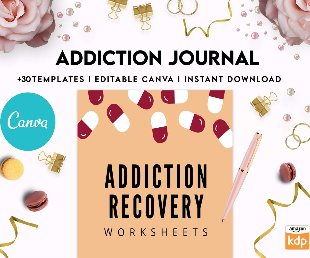 Addiction Journal, Addiction recovery therapy journal, Self care journal, self care planner, mindfulness, self love journal,wellness journal Canva Editable Templates