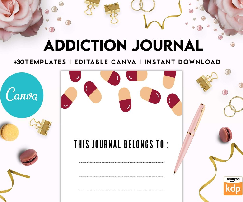 Addiction Journal, Addiction recovery therapy journal, Self care journal, self care planner, mindfulness, self love journal,wellness journal Canva Editable Templates