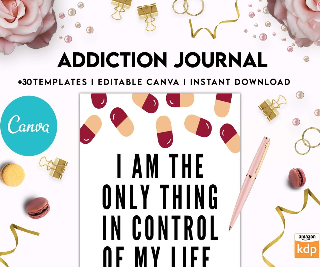 Addiction Journal, Addiction recovery therapy journal, Self care journal, self care planner, mindfulness, self love journal,wellness journal Canva Editable Templates