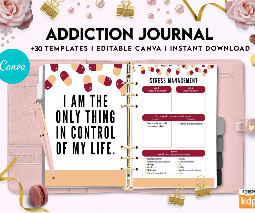 Addiction Journal, Addiction recovery therapy journal, Self care journal, self care planner, mindfulness, self love journal,wellness journal Canva Editable Templates