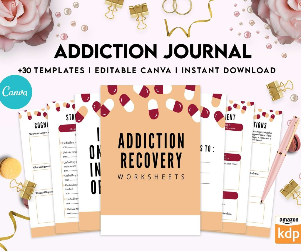 Addictive Behaviors Journal Addiction Journal, Addiction recovery therapy journal, Self care journal, self care planner, mindfulness, self love journal,wellness journal Canva Editable Templates