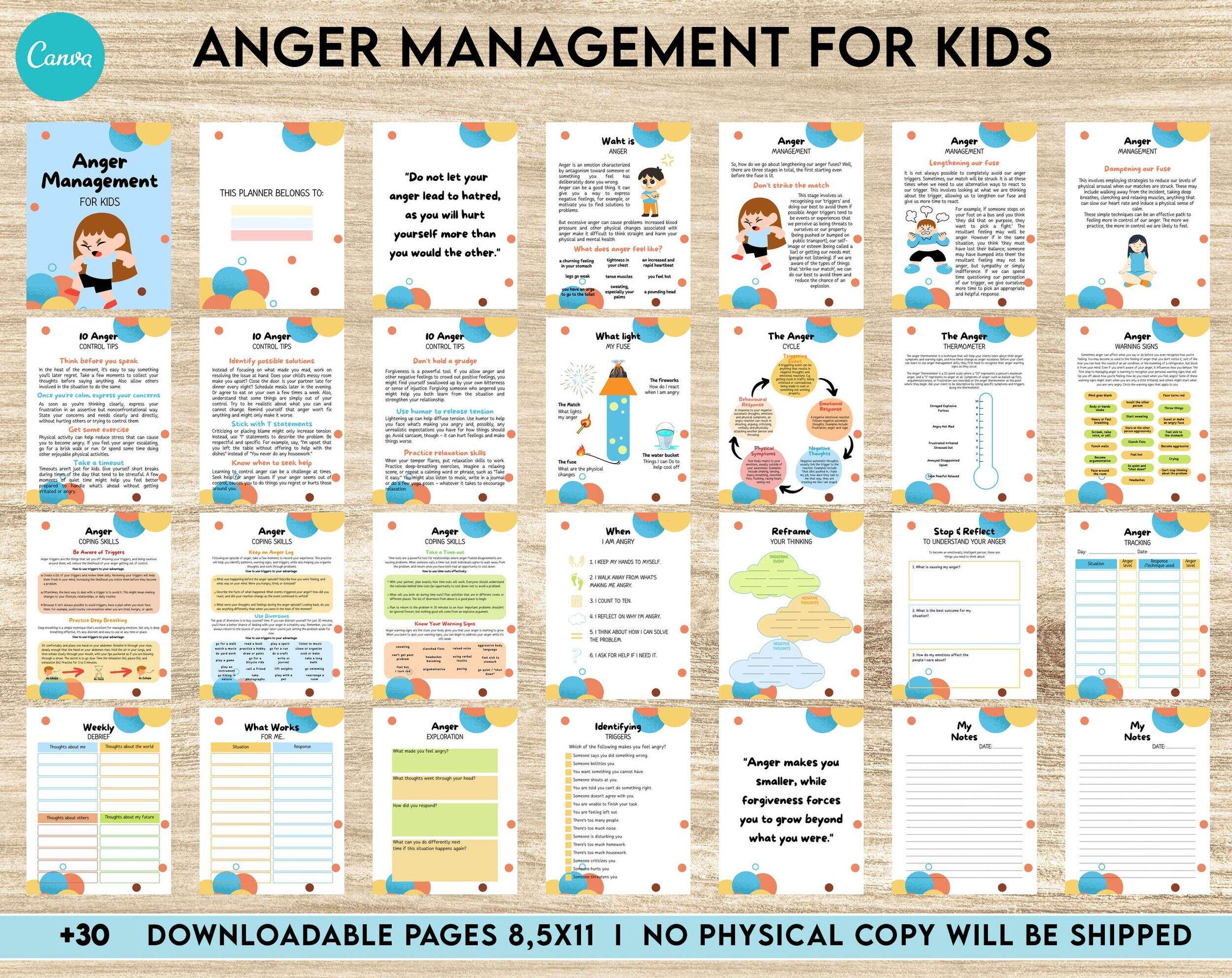 Anger Management for Kids, kids therapy journal, kids Self care journal, kids mindfulness, kids self love journal,kids wellness journal Canva Editable Templates