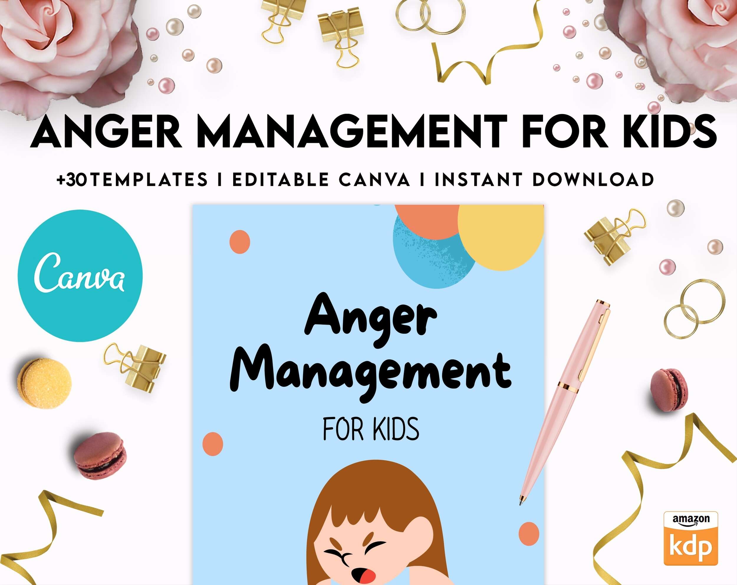 Anger Management for Kids, kids therapy journal, kids Self care journal, kids mindfulness, kids self love journal,kids wellness journal Canva Editable Templates
