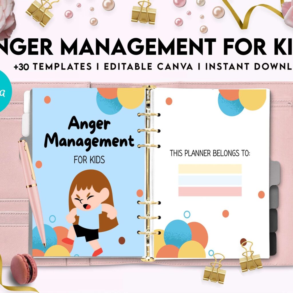Anger Management for Kids, kids therapy journal, kids Self care journal, kids mindfulness, kids self love journal,kids wellness journal Canva Editable Templates