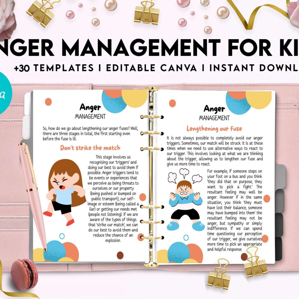 Anger Management for Kids, kids therapy journal, kids Self care journal, kids mindfulness, kids self love journal,kids wellness journal Canva Editable Templates