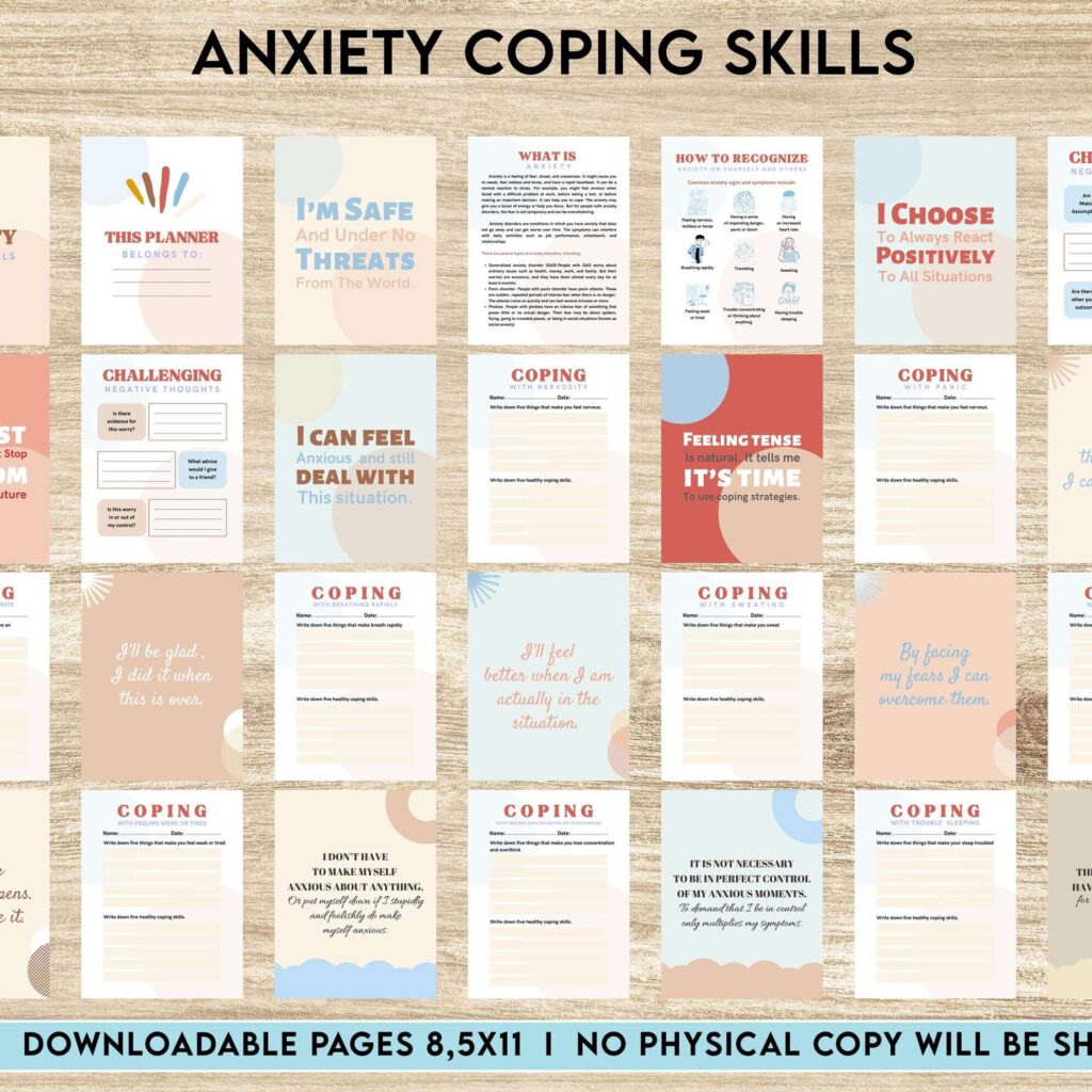 Anxiety Coping Skills, anxiety therapy journal, Self care journal, mindfulness, self love journal, wellness journal Canva Editable Templates