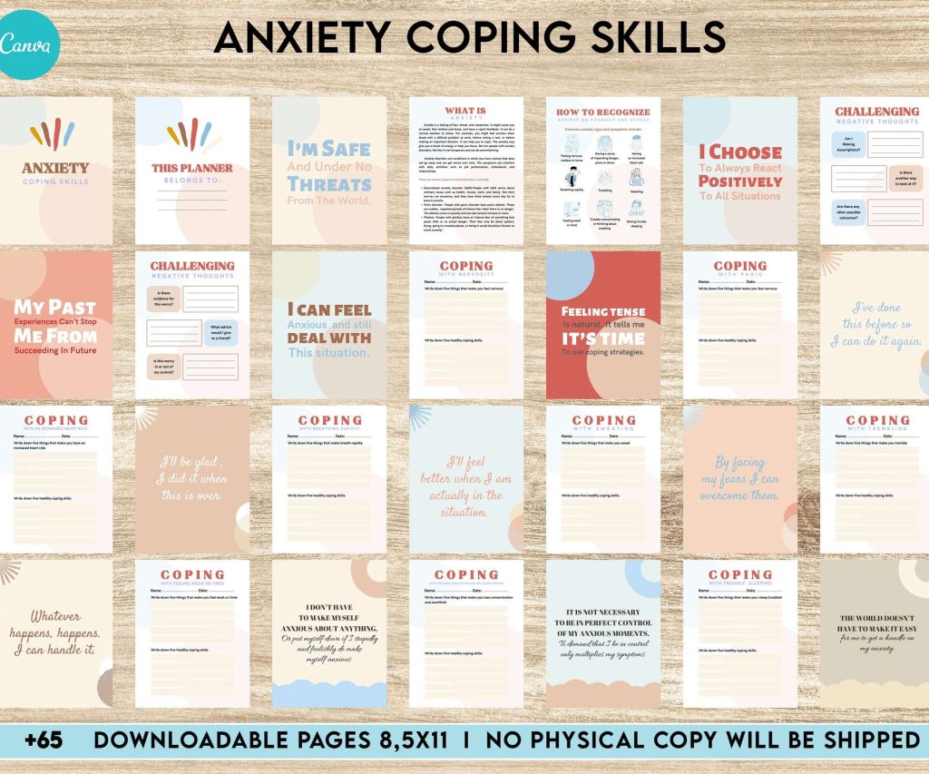 Anxiety Coping Skills, anxiety therapy journal, Self care journal, mindfulness, self love journal, wellness journal Canva Editable Templates