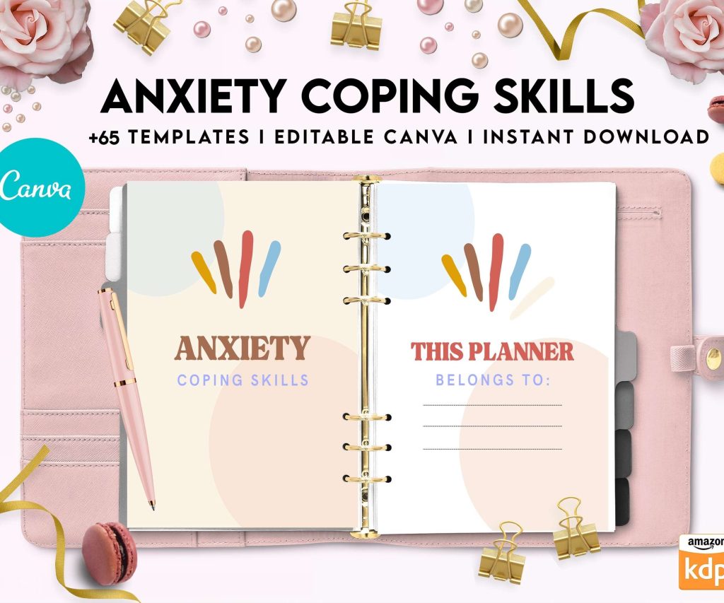 Anxiety Coping Skills, anxiety therapy journal, Self care journal, mindfulness, self love journal, wellness journal Canva Editable Templates