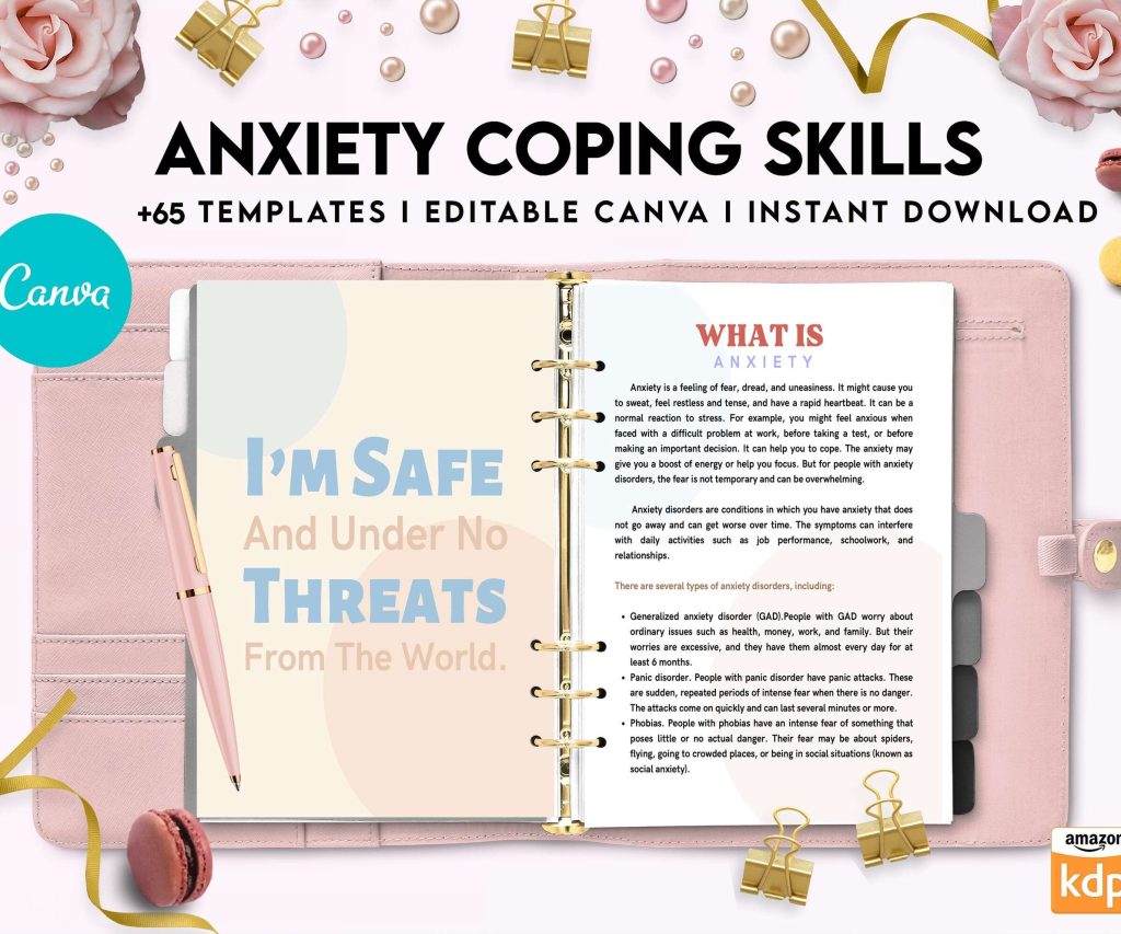 Anxiety Coping Skills, anxiety therapy journal, Self care journal, mindfulness, self love journal, wellness journal Canva Editable Templates