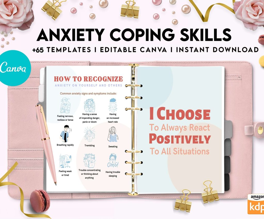 Anxiety Coping Skills, anxiety therapy journal, Self care journal, mindfulness, self love journal, wellness journal Canva Editable Templates