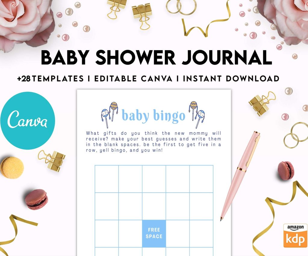 Baby Shower Journal, anxiety therapy journal, Self care journal, mindfulness, self love journal, wellness journal Canva Editable Templates