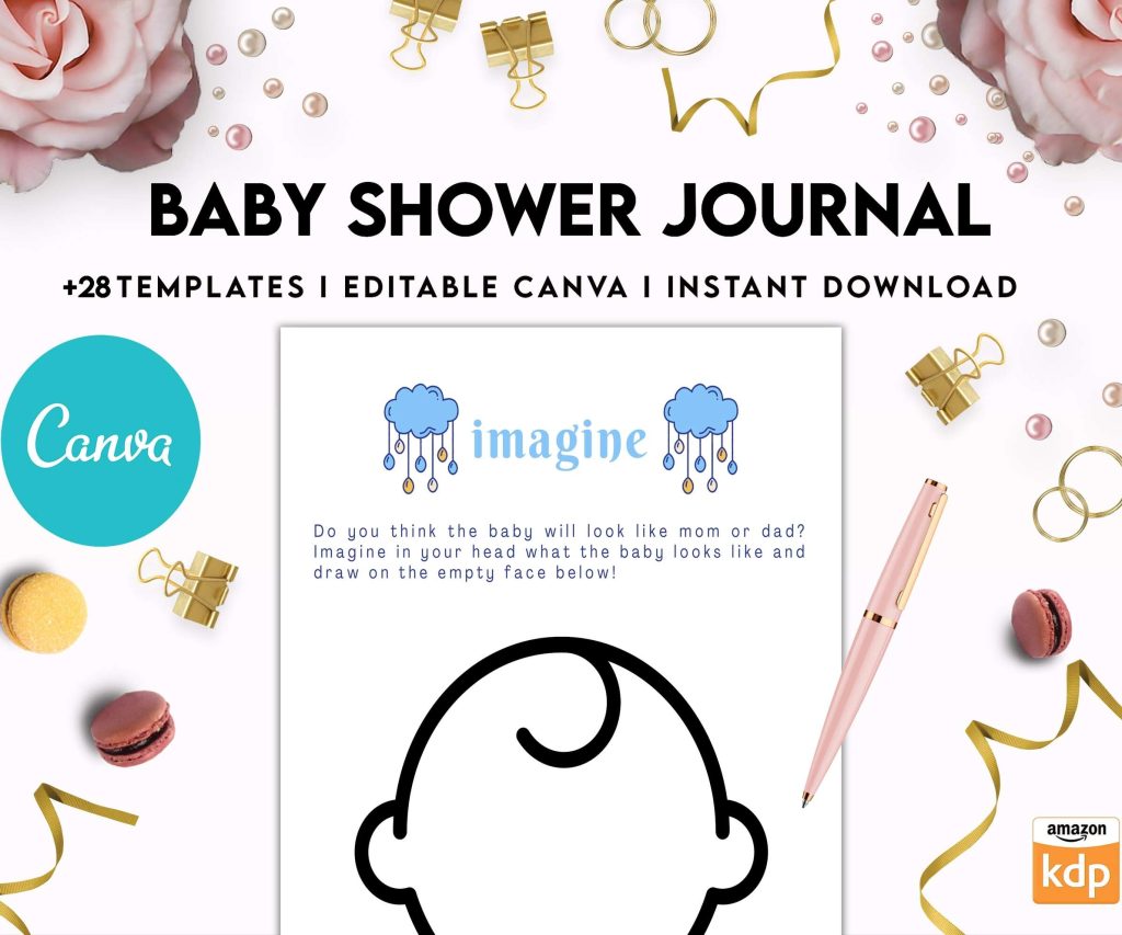 Baby Shower Journal, anxiety therapy journal, Self care journal, mindfulness, self love journal, wellness journal Canva Editable Templates