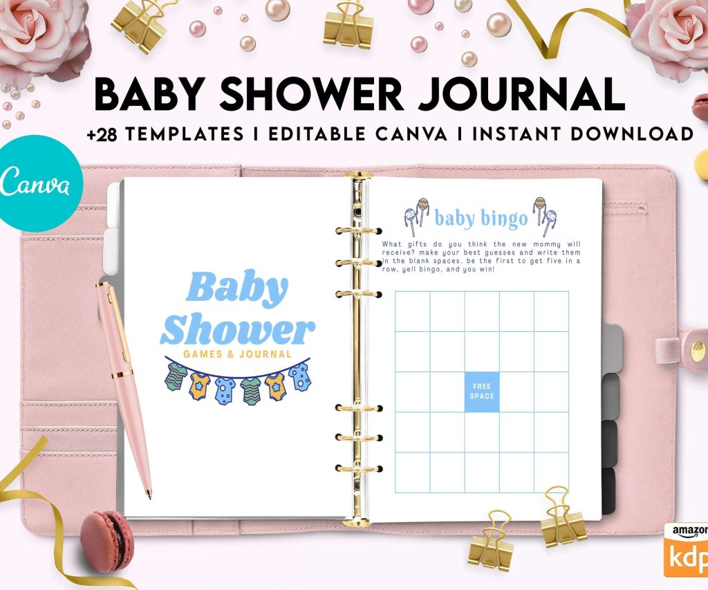 Baby Shower Journal, anxiety therapy journal, Self care journal, mindfulness, self love journal, wellness journal Canva Editable Templates