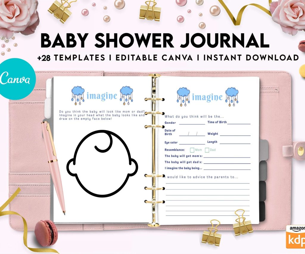 Baby Shower Journal, anxiety therapy journal, Self care journal, mindfulness, self love journal, wellness journal Canva Editable Templates